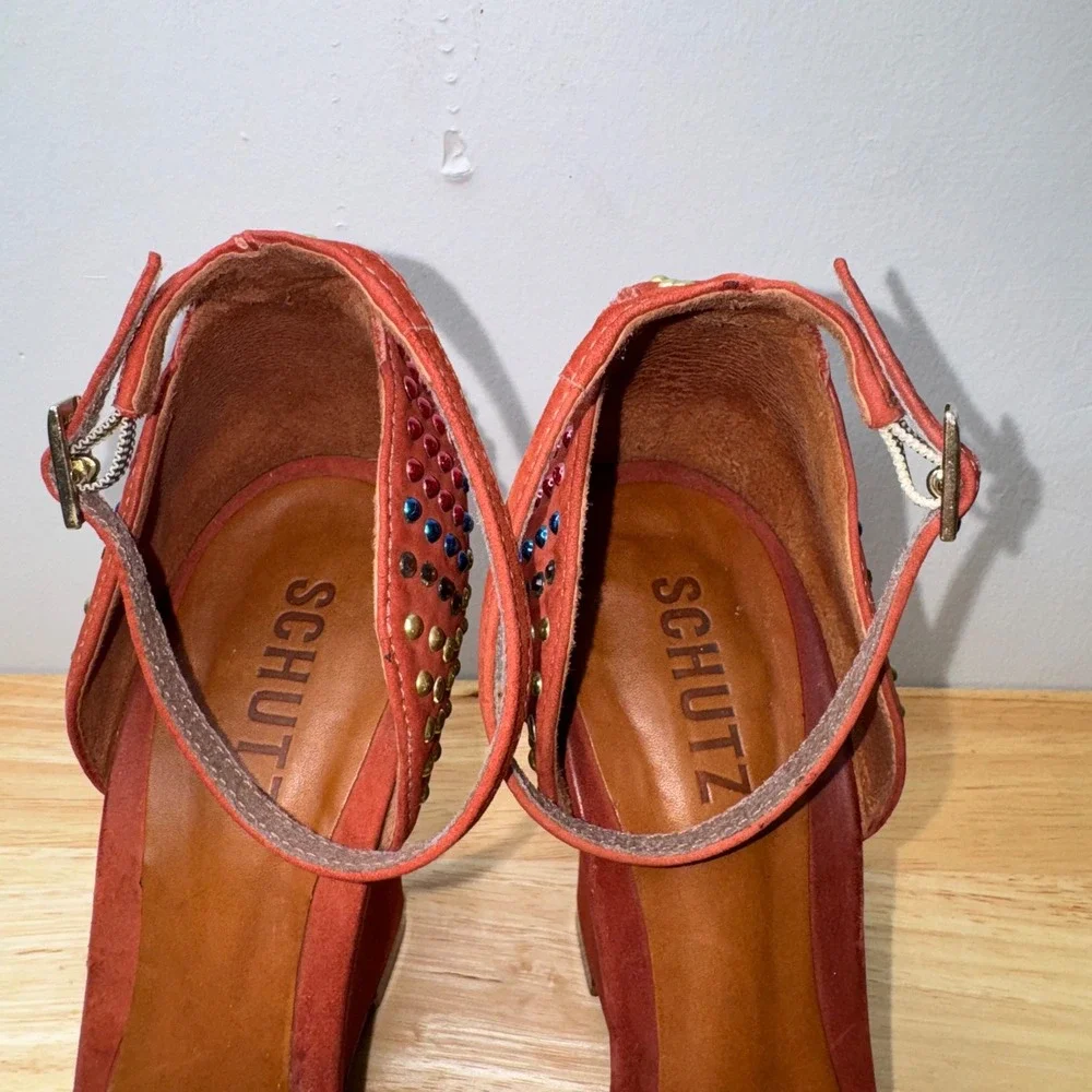 Schutz Burnt Orange Suede Studded Wedge Sandals Peep Toe Ankle Strap Size 9B